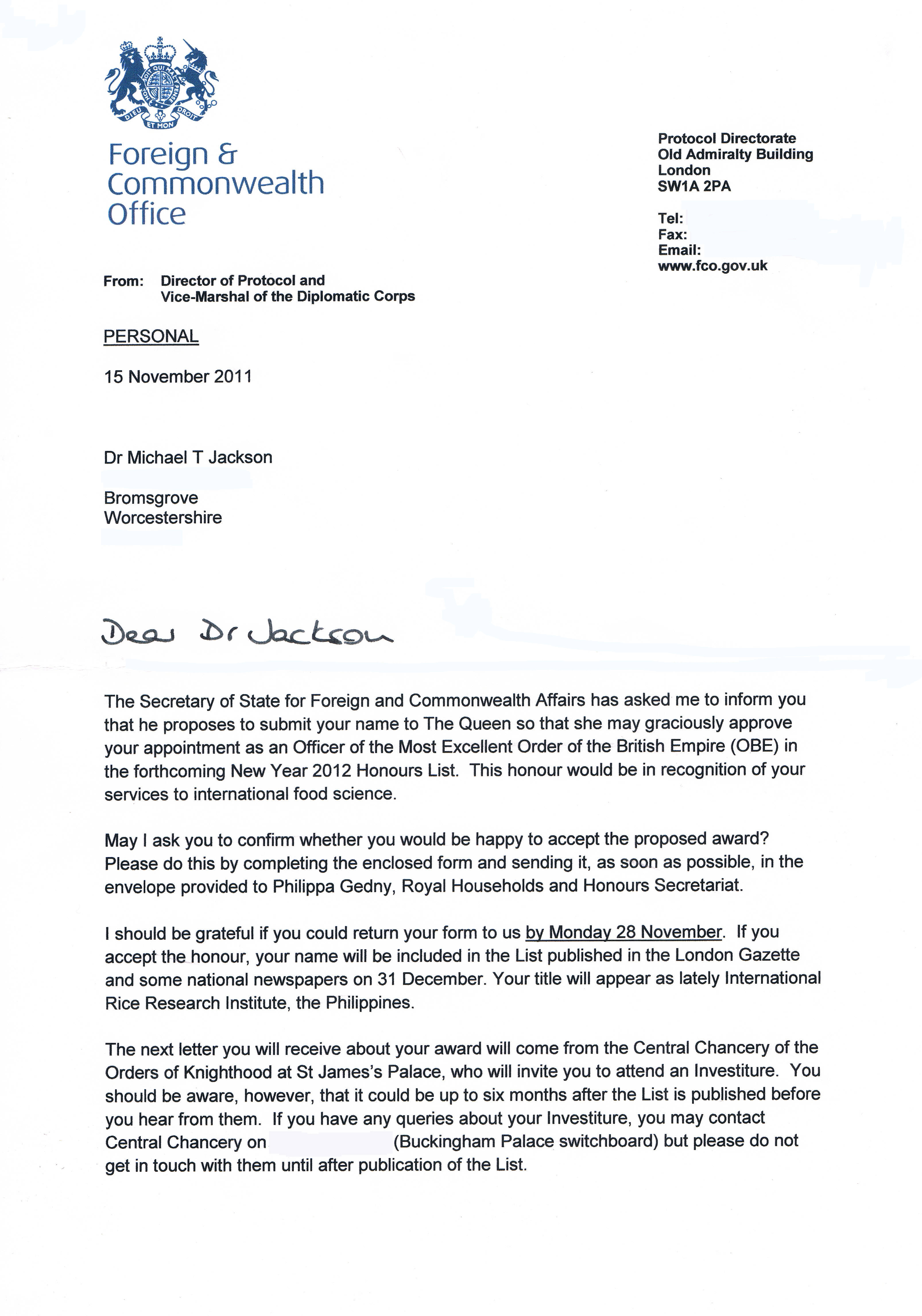 OBE letter of nomination  A balanced diet