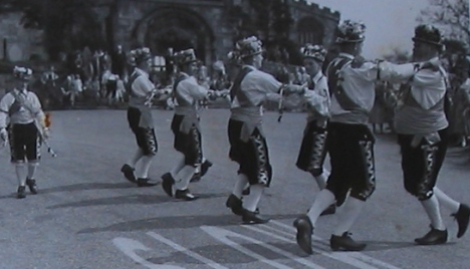 The Manley Morris Men dancing outside St Mary's Church, Astbury, just down the road from Little Moreton Hall, 9 May 1953. There are pretty good indications that my dad took this photo and the other two at Little Moreton Hall.