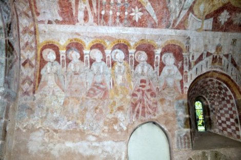 Six of the 12 apostles on the north wall of the chancel., St Mary's Kempley